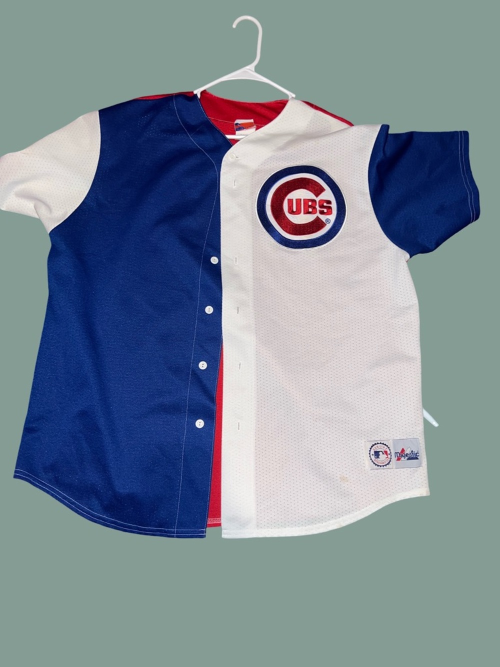 Majestic Split-Panel Baseball Jersey - Blue, White & Red